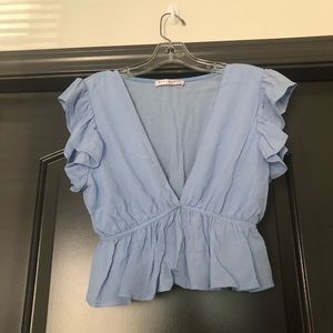 Blue blush v-neck chiffon chambray pastel blue ruffle short sleeve crop top